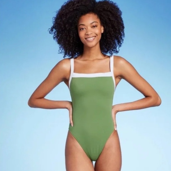 Shade & Shore™ Olive Green M: Adjustable Straps, V-Back One Piece - Picture 1 of 3